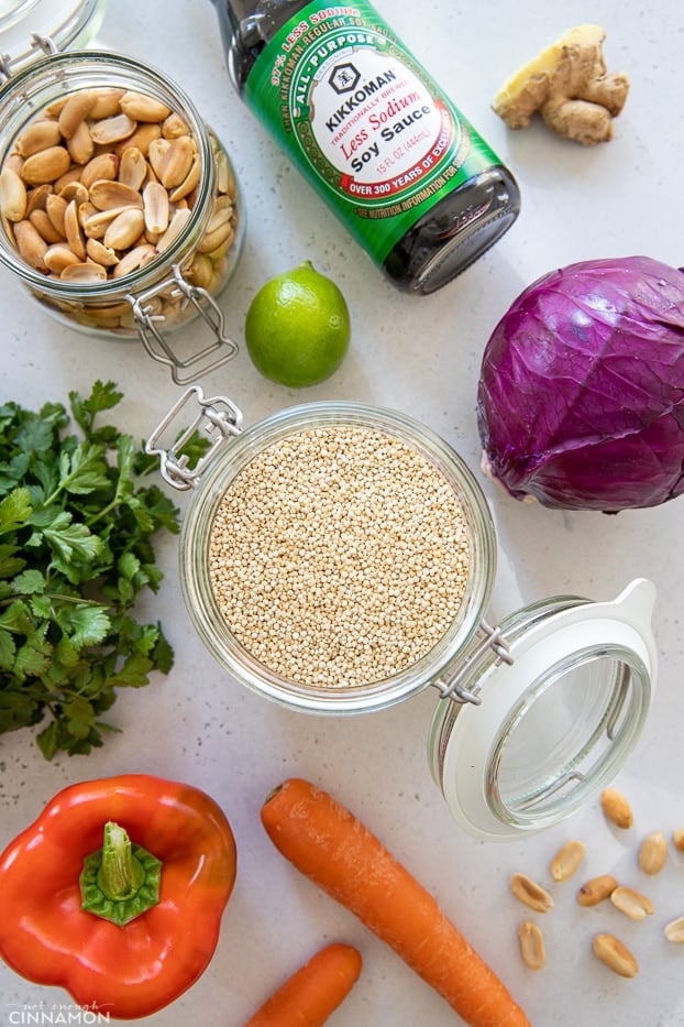 overhead shot of ingredients needed for making Thai quinoa salad recipe