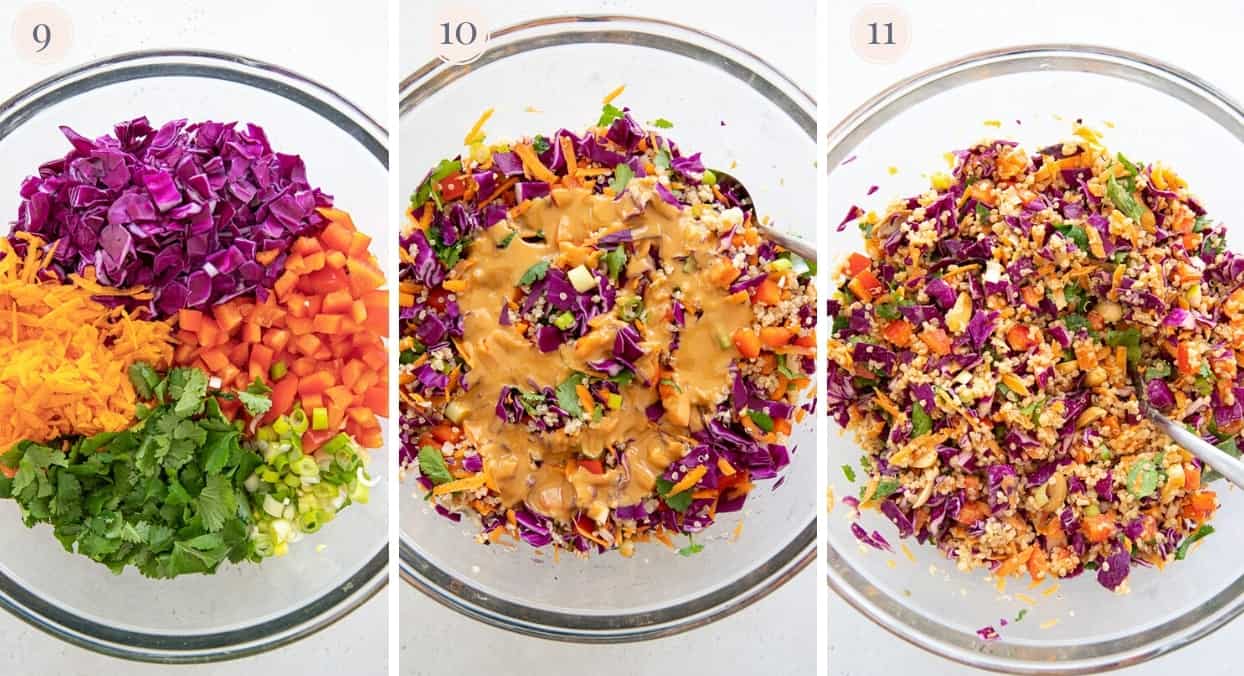 picture collage demonstrating how to mix chopped vegetables, peanut dressing and cooked quinoa for making Asian quinoa salad