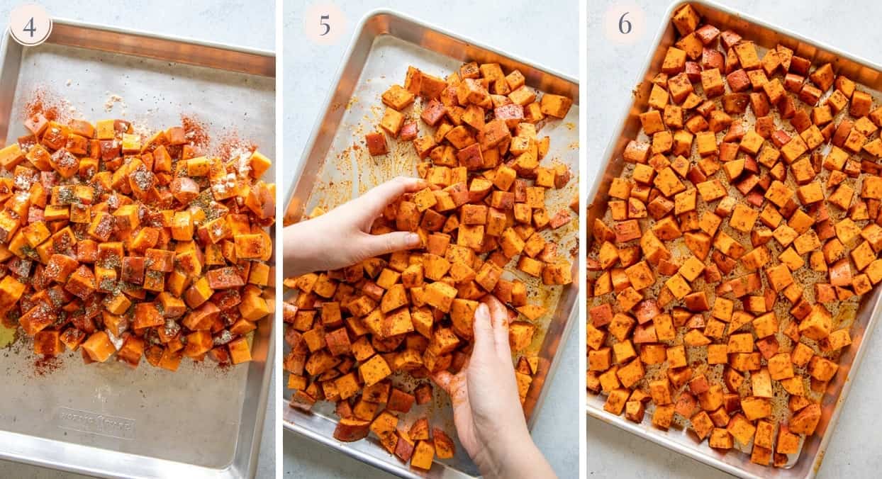 a picture collage demonstrating how to roast sweet potatoes on a sheet pan