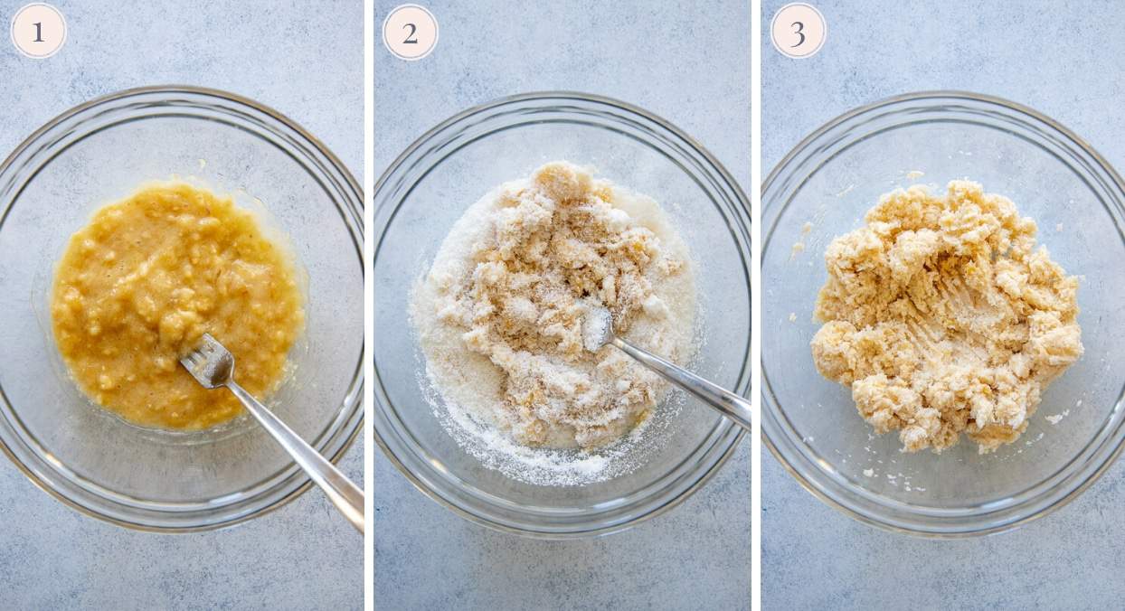 picture collage showing how to mix banana coconut macaroons batter