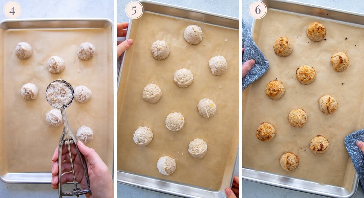 coconut macaroon batter being shaped into balls and placed on a baking sheet