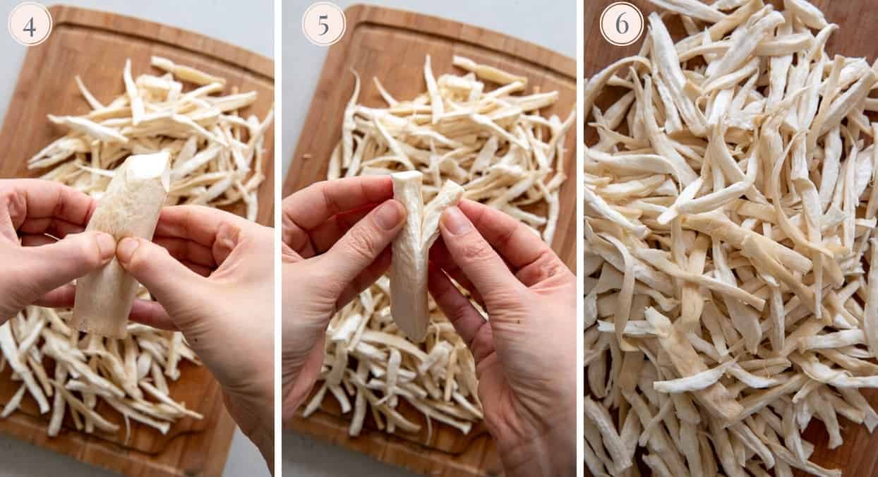 picture collage demonstrating how to shred oyster mushrooms into carnitas 
