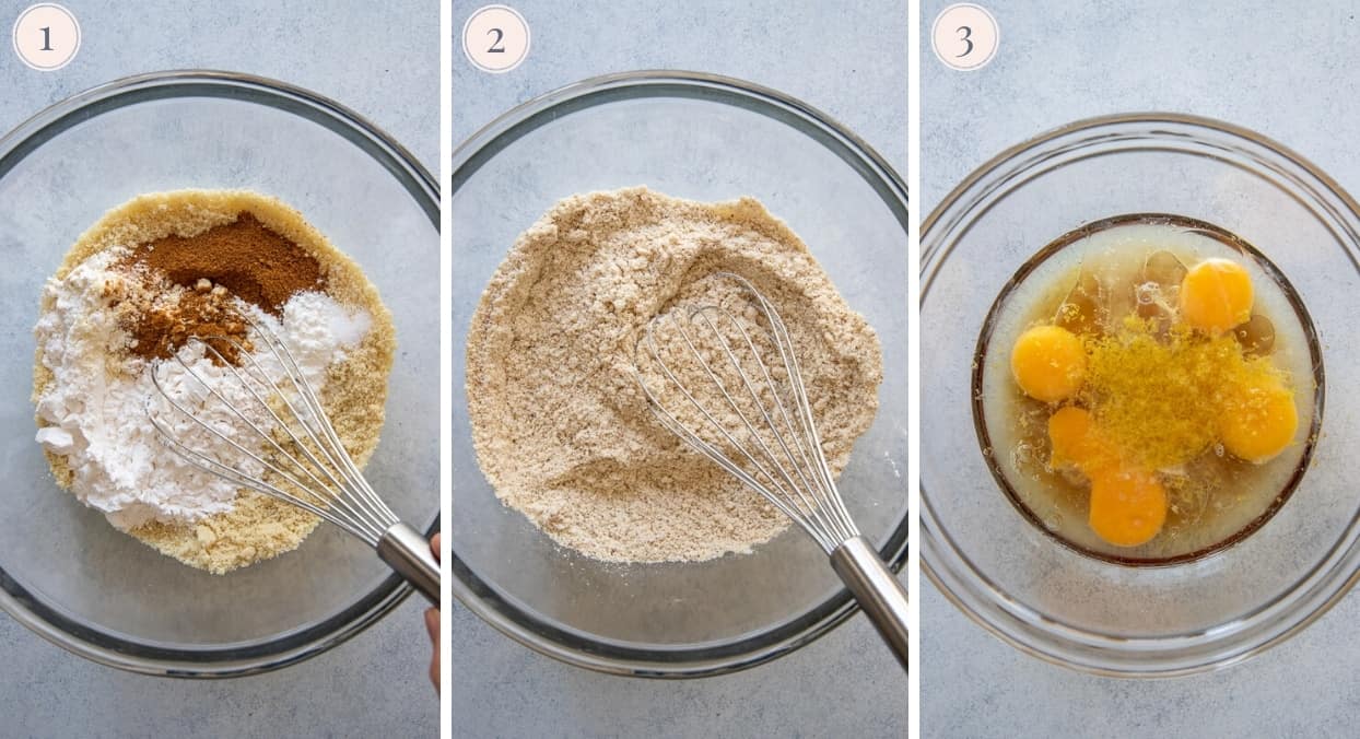 a picture collage demonstrating how to mix dry and wet ingredients for making paleo lemon blueberry bread 