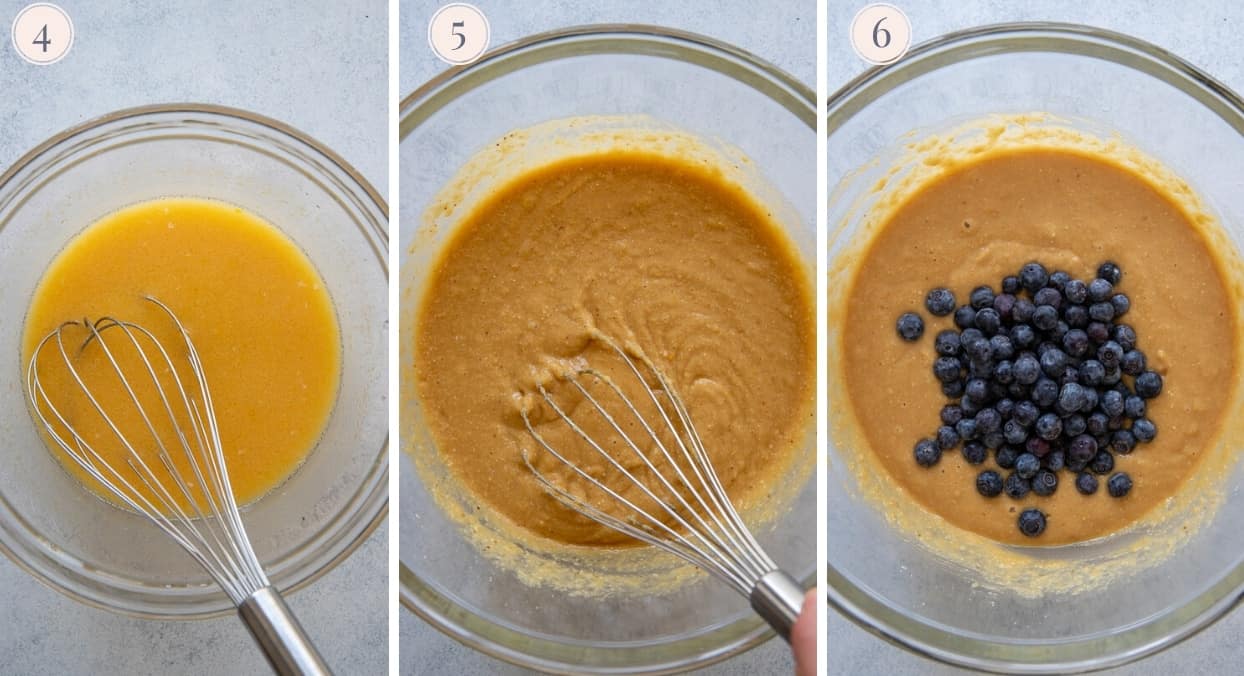 a picture collage demonstrating how to stir blueberries into paleo loaf cake batter 