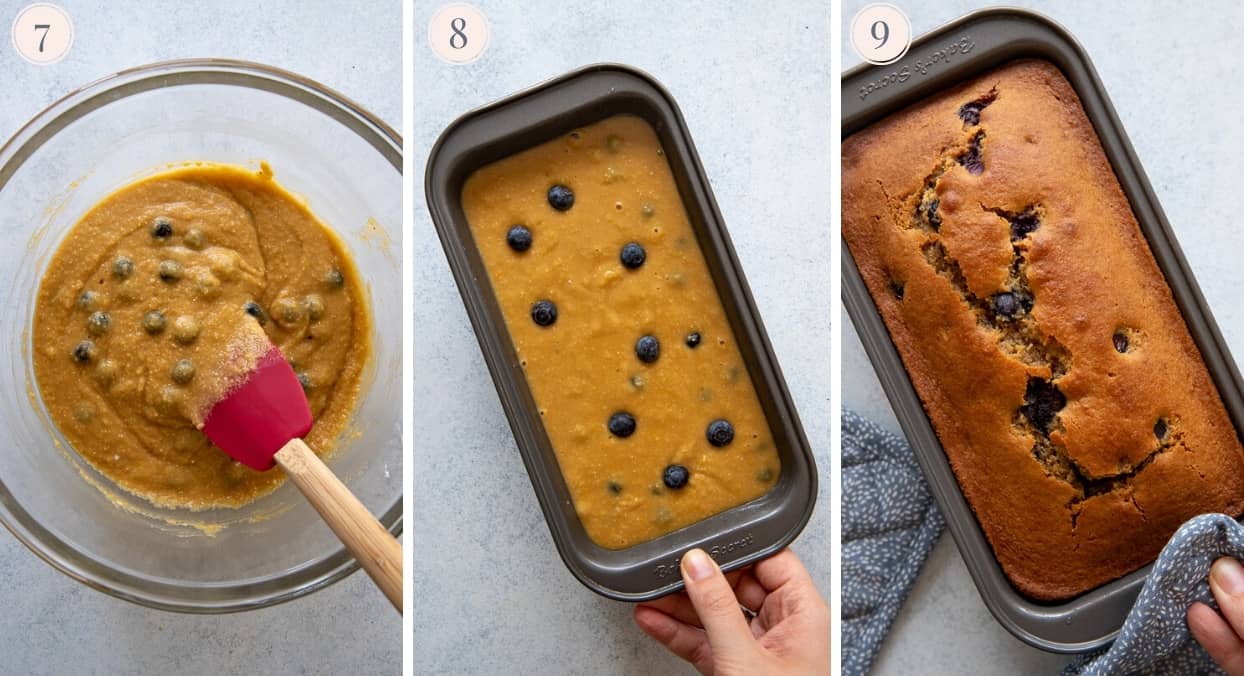 a picture collage demonstrating how to fill paleo blueberry bread batter into a mold pan to make paleo bread