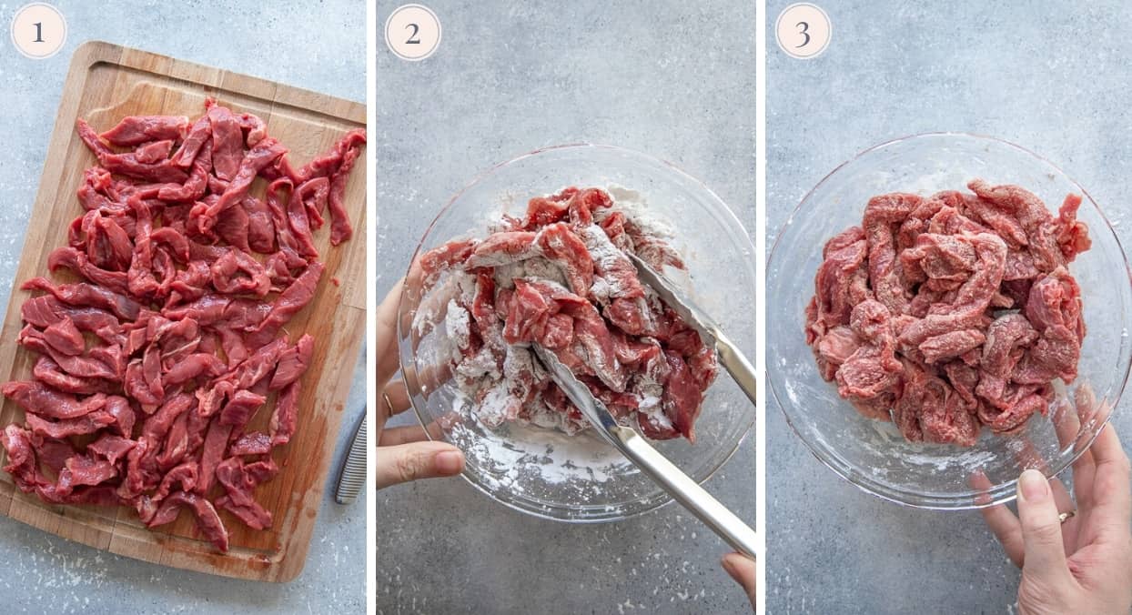 picture gallery demonstrating how to cut meat thinly to make Mongolian Beef 