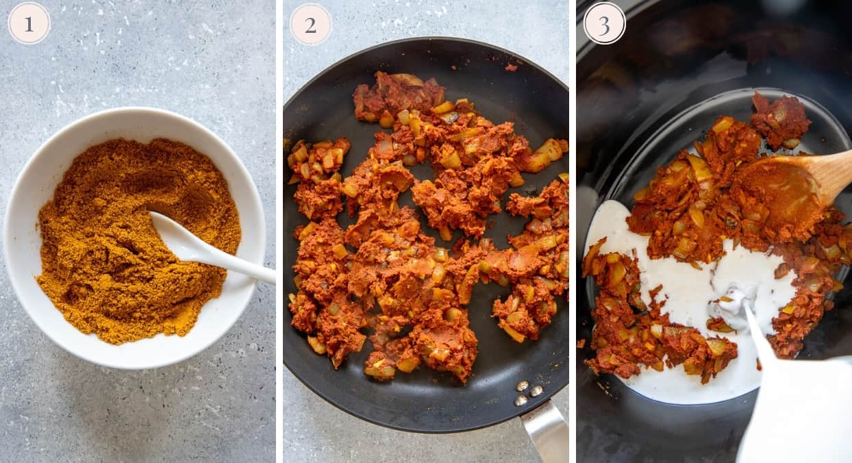 picture collage showing how to make spice blend for butter chicken and how to fry chicken for making butter chicken 