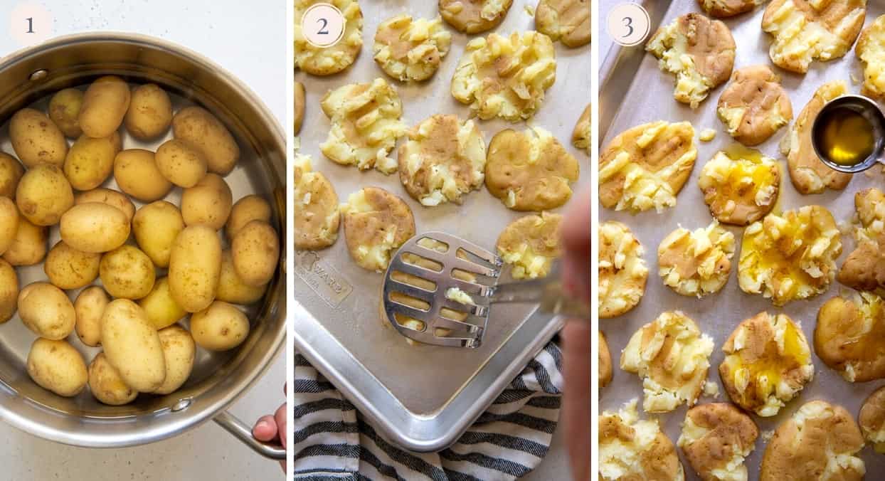 picture gallery demonstrating how to boil and smash potatoes to make smashed potatoes in the oven