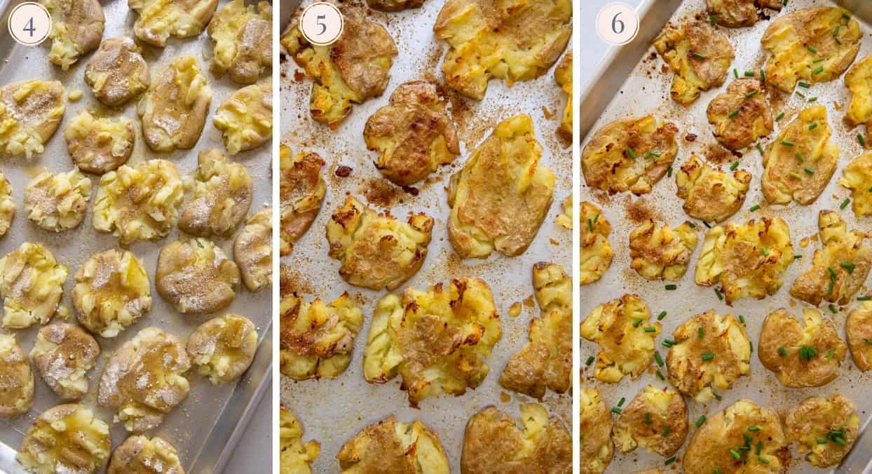 picture gallery demonstrating how to bake smashed potatoes until crispy