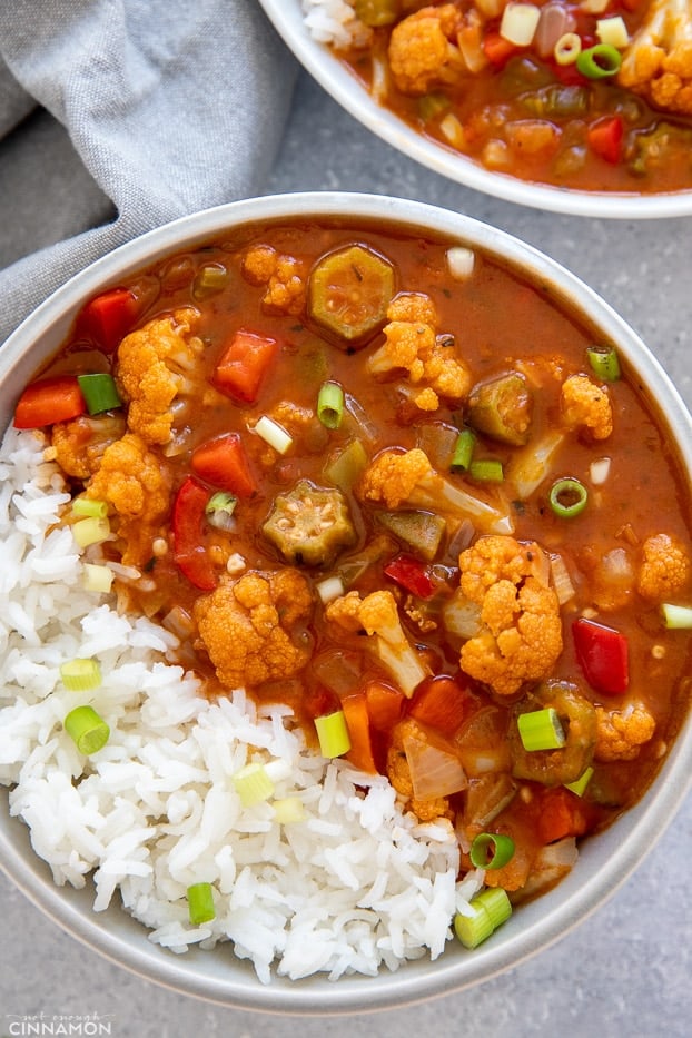 overhead shot of a bowl of best healthy vegan Louisiana Gumbo served com arroz e cebolinhas