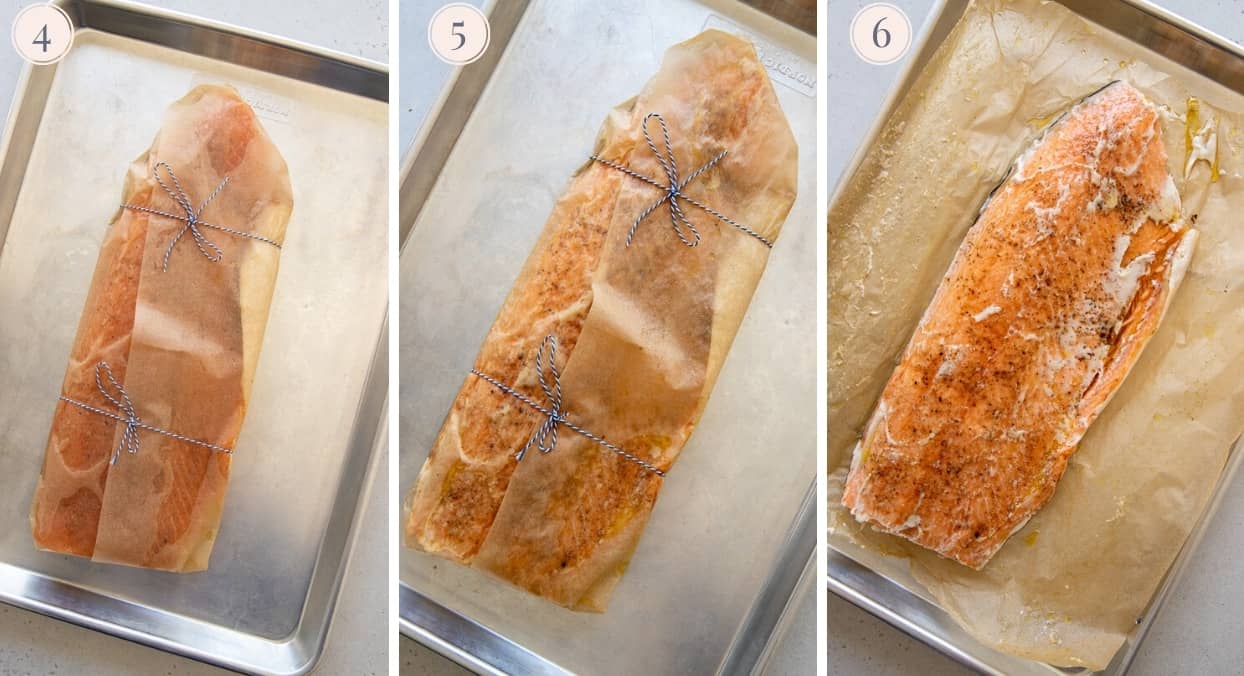picture collage demonstrating how to wrap and bake Persian spiced salmon in parchment paper