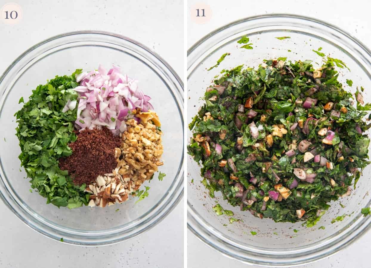 picture collage demonstrating how to mix ingredients for making a herb crust