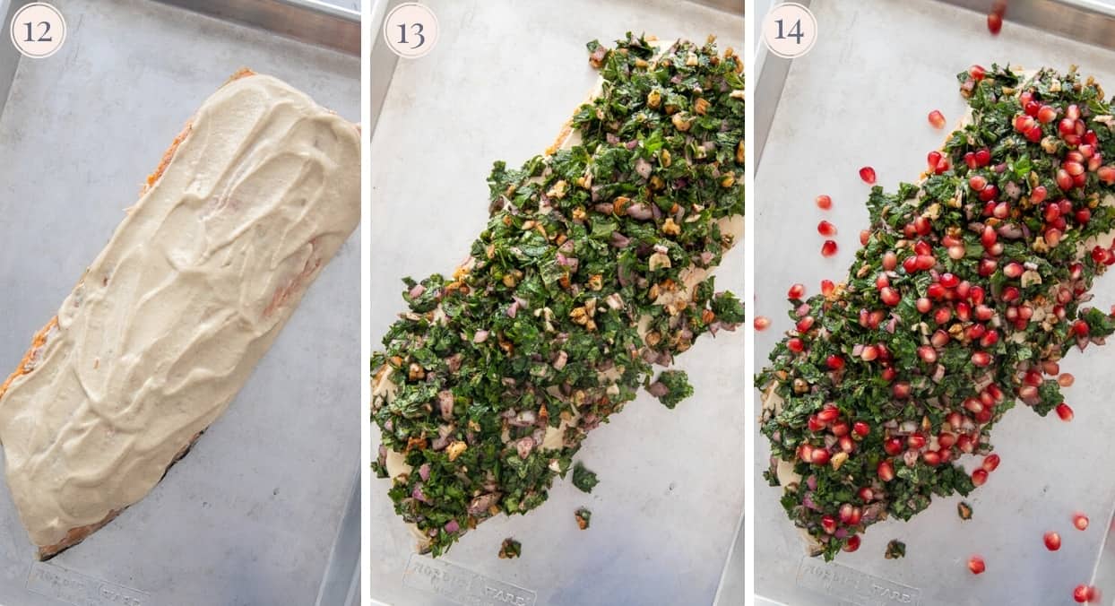 picture collage demonstrating how to spread salmon with tahini sauce and top with herb crust before baking 