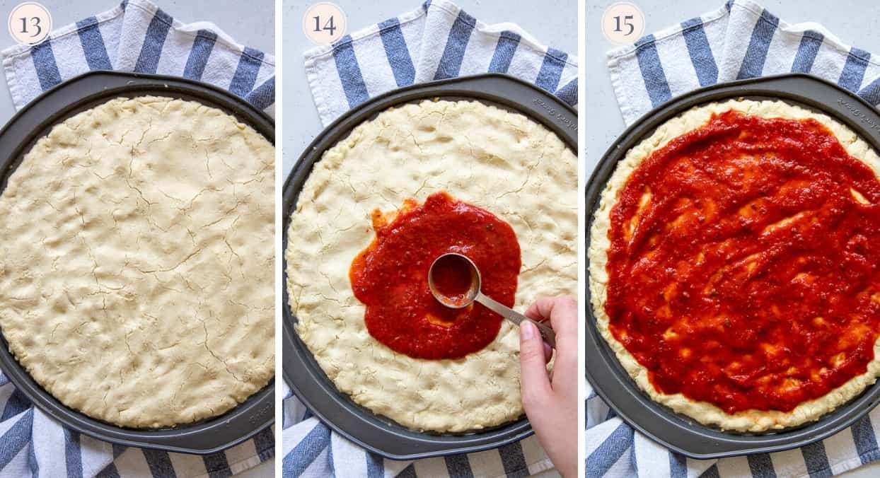 Marinara sauce being spread on top of paleo pizza crust 