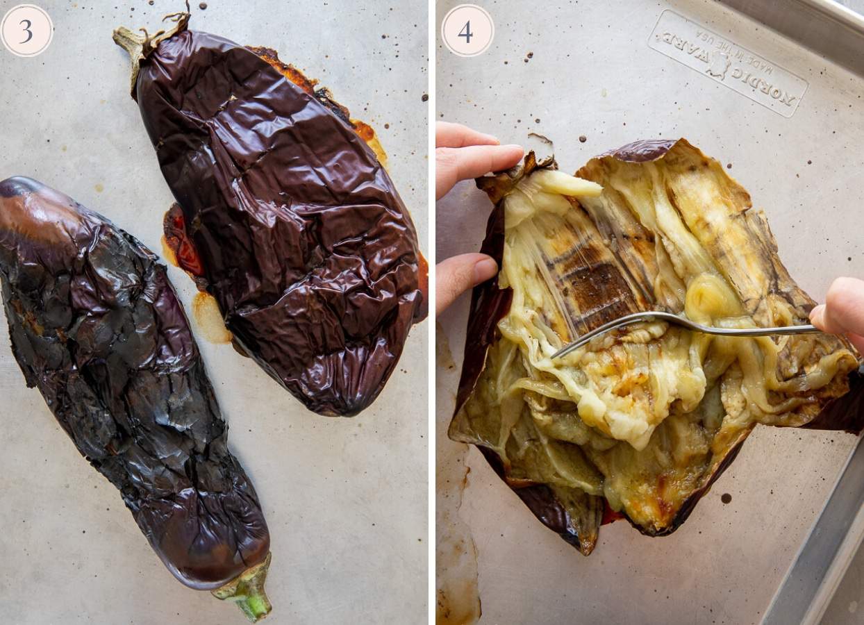picture collage demonstrating how to scrape meat out of roasted eggplants to make baba ganoush