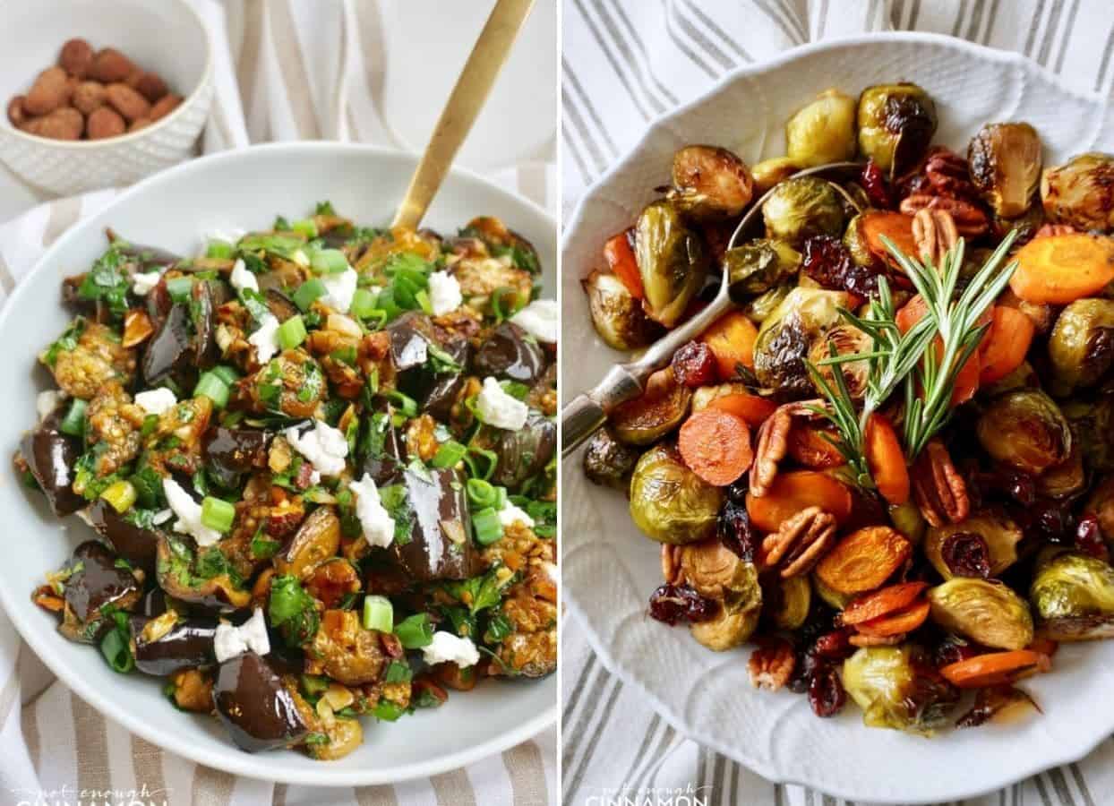 holiday roasted vegetables and warm aubergine salad served as kosher sides for Passover 
