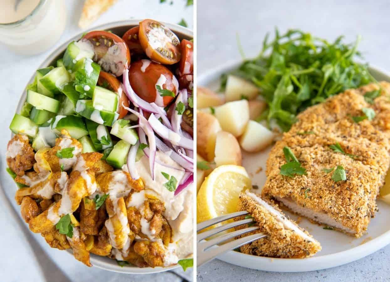 shawarma bowl and almond flour crusted chicken schnitzel served for seder 