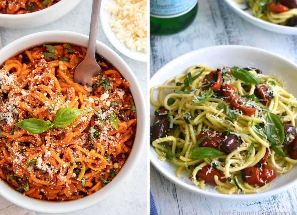sweet potato pasta bowl and a bowl of zucchini noodles as examples for veggie pasta alternatives for passover