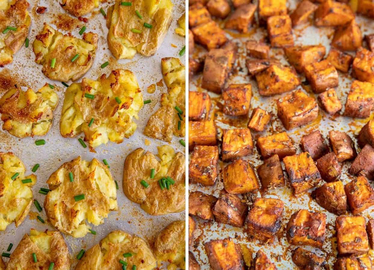 picture collage of smashed potatoes and roasted sweet potatoes served as kosher passover side dishes