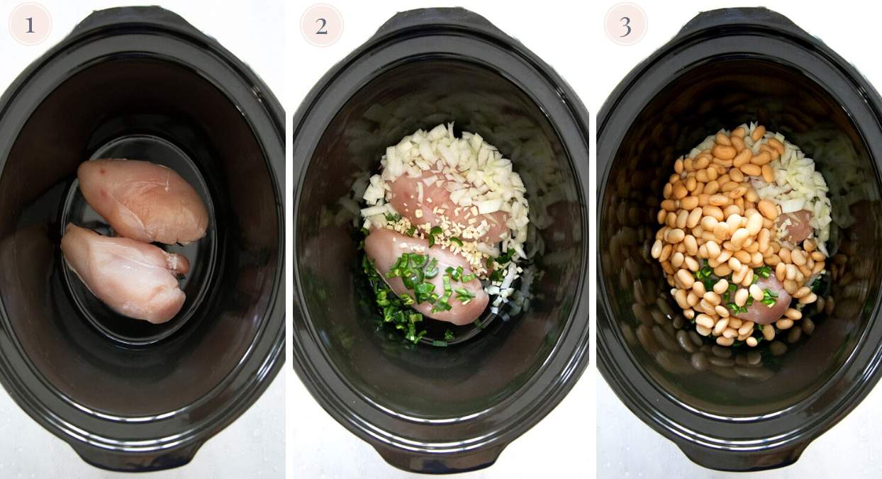 chicken breast in a slow cooker being combined with garlic, herbs, onion and white beans to make white chicken chili recipe 