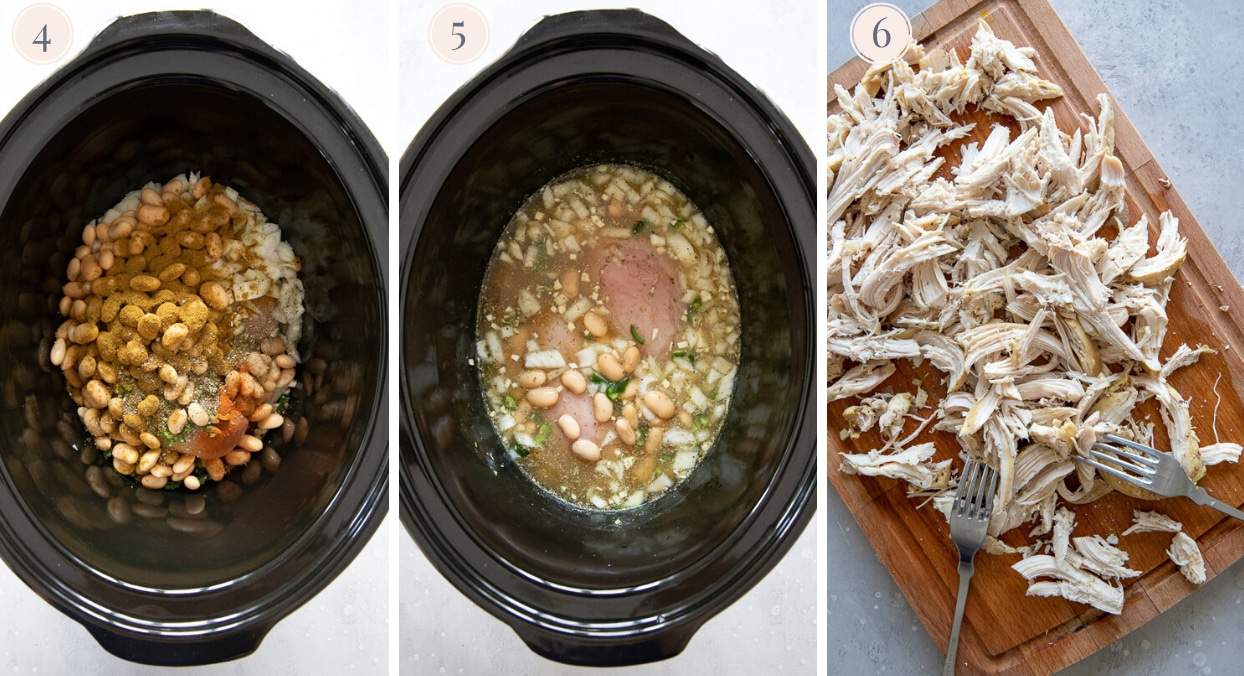 picture collage demonstrating how to cook white chicken chili in a slow cooker 