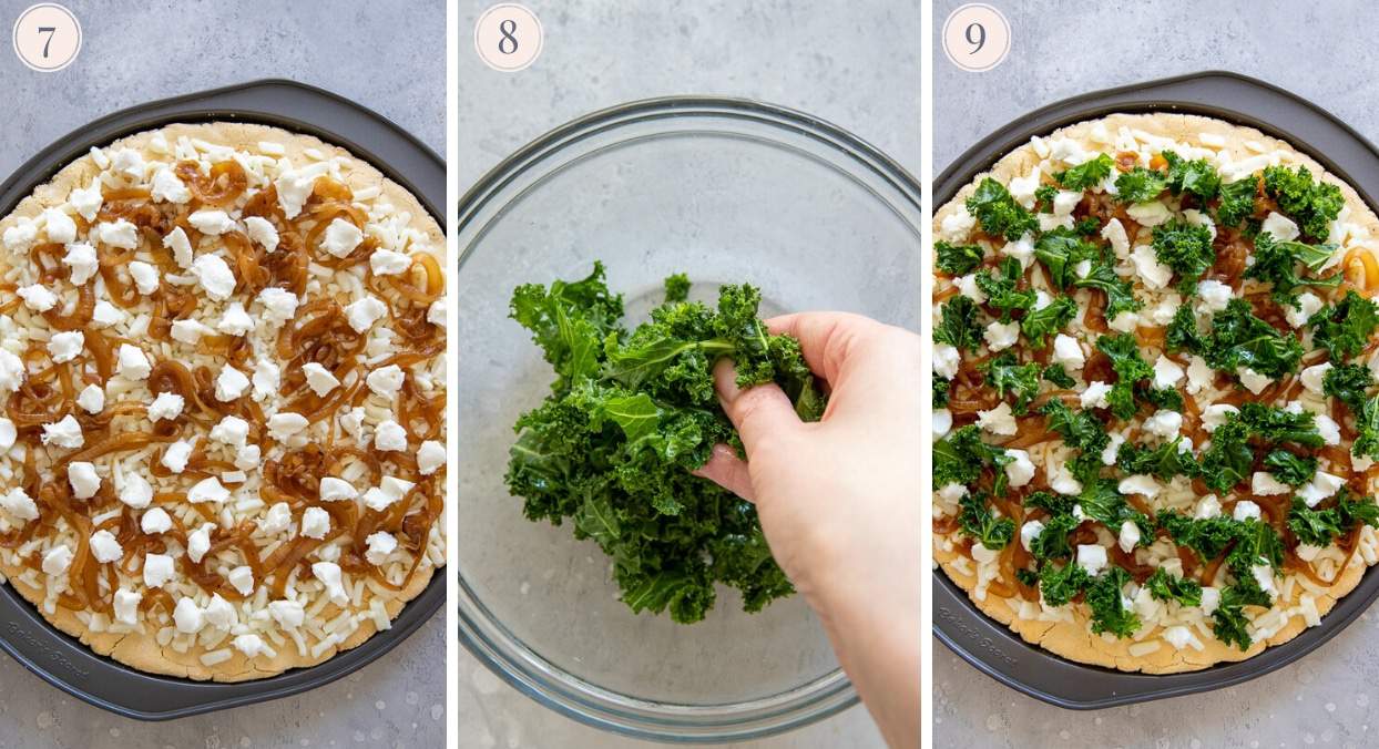picture collage demonstrating how to top pizza with goat cheese and kale