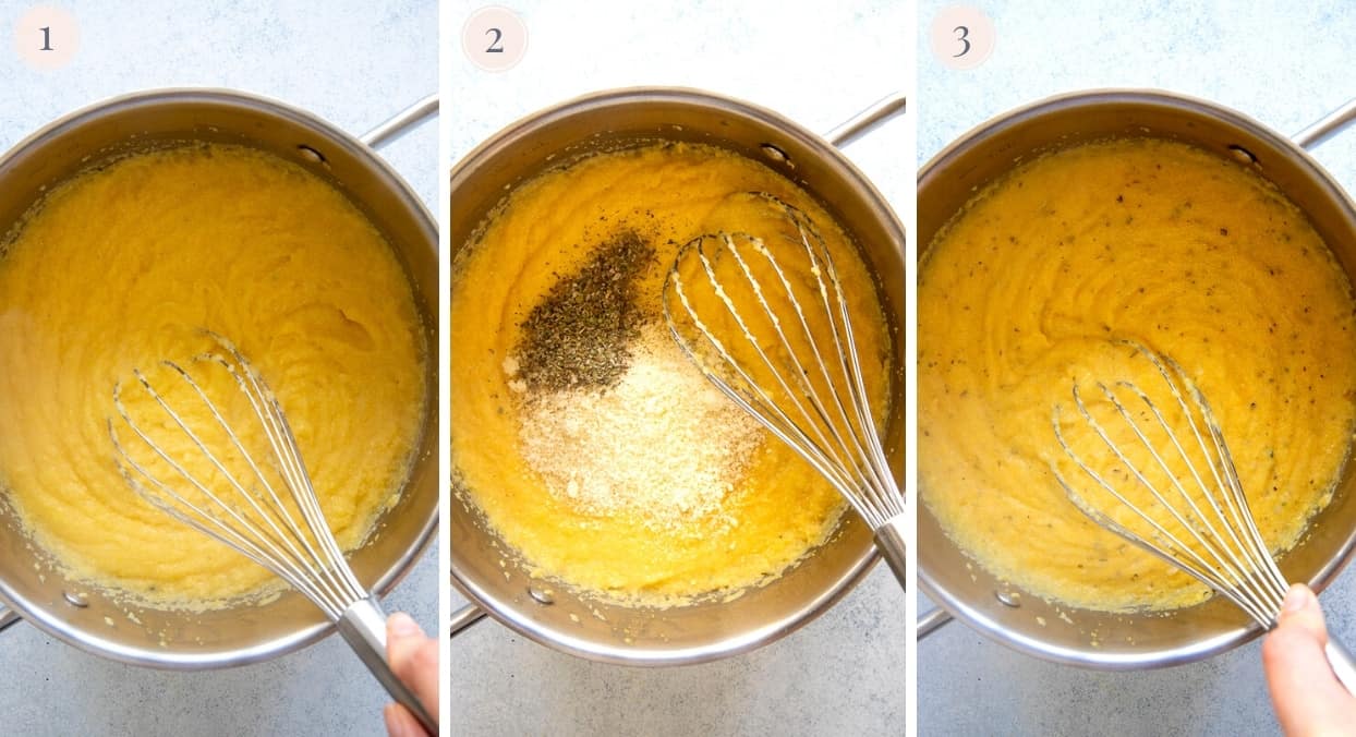 picture collage demonstrating how to make polenta fries batter in a saucepan 