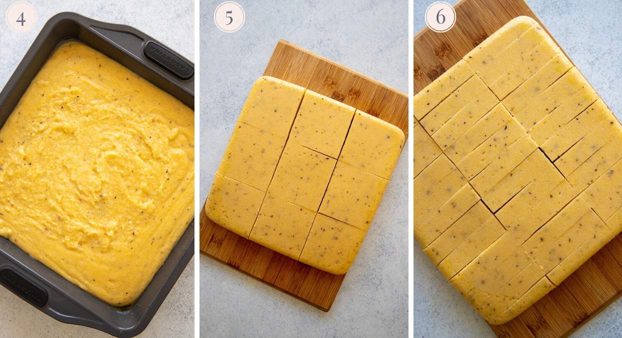 picture collage demonstrating how to pour polenta batter into a mold to make fries