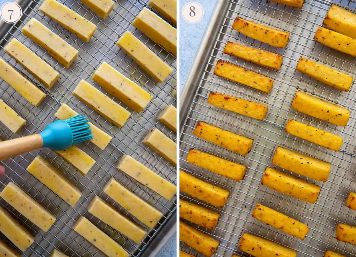 cheesy healthy polenta fries being brushed with olive oil and baked until crispy 