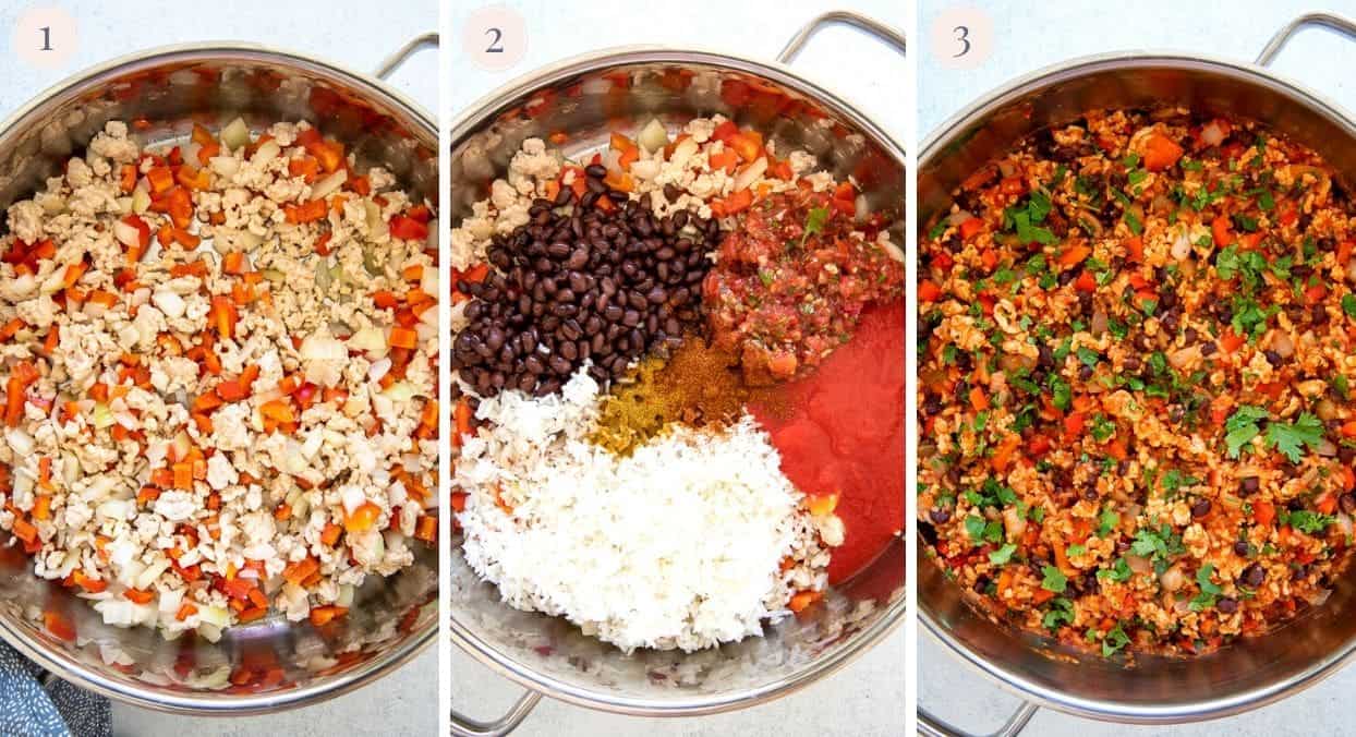 picture collage demonstrating how to make Mexican Ground Turkey Rice Bowls