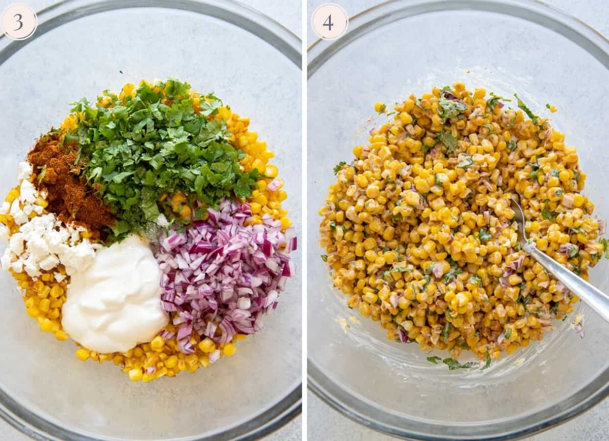 ingredients for healthy no mayo Mexican Street Corn Salad being mixed in a glass bowl