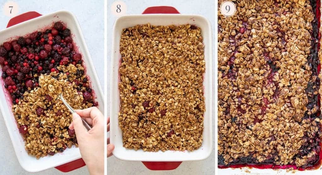 picture collage demonstrating how to make a healthy berry crisp 