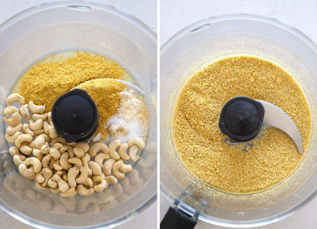picture collage demonstrating how to make vegan parmesan cheese in a food processor