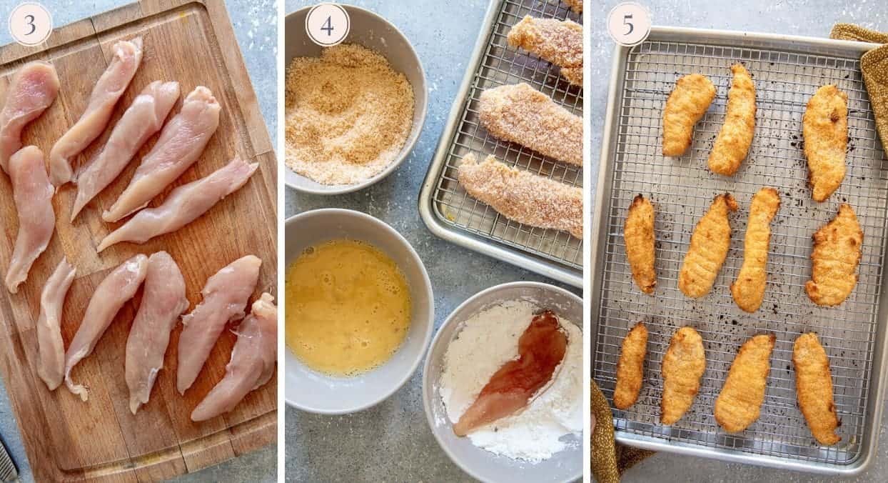 picture collage demonstrating how to make healthy baked chicken tenders in the oven