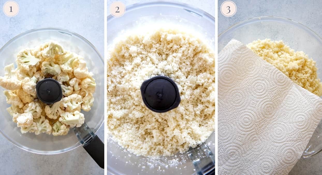 picture collage demonstrating how to rice cauliflower to make cauliflower gnocchi recipe