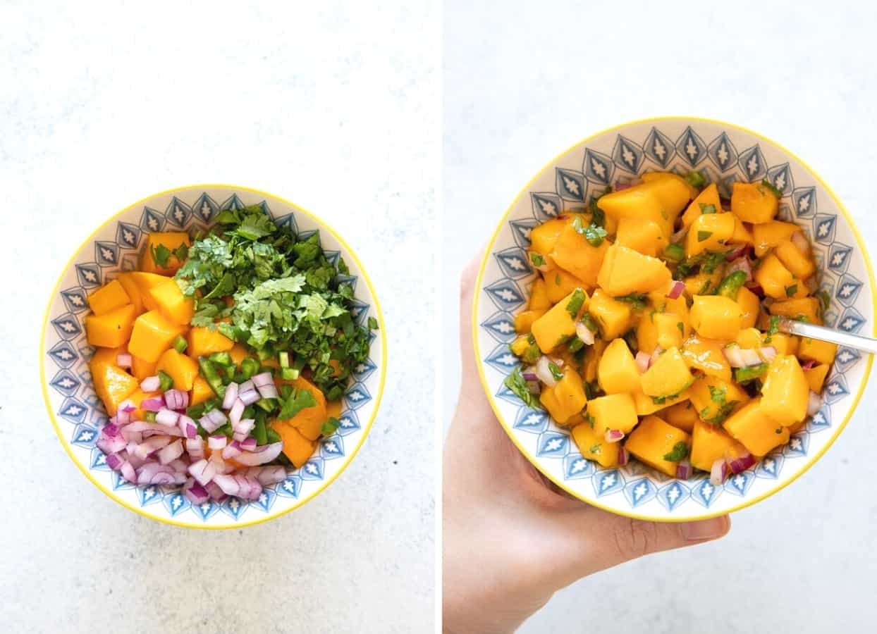 picture collage of mango salsa being mixed in a bowl 