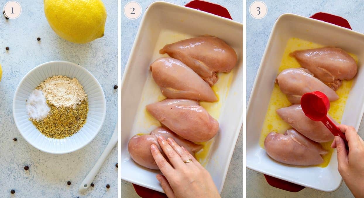 picture collage demonstrating how to season and bake lemon pepper chicken in the oven