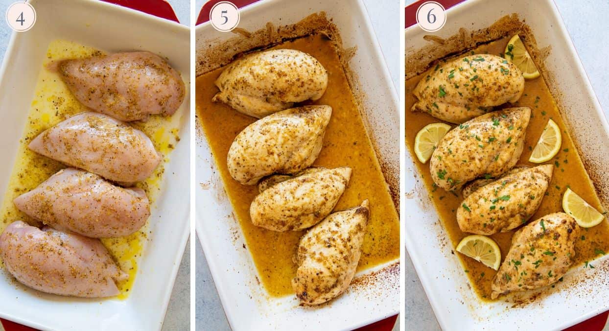 picture collage demonstrating how to bake lemon pepper chicken in a casserole dish