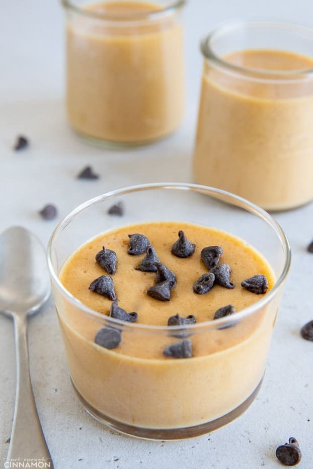 vegan peanut butter mousse topped with mini chocolate chips 