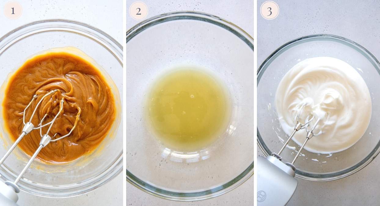 picture collage demonstrating how to make vegan peanut butter mousse with aquafaba