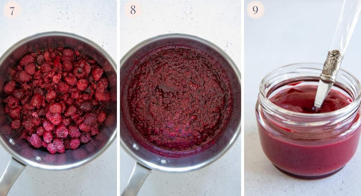 quick vegan raspberry jam topping for pb and j parfaits being prepared in a pot 