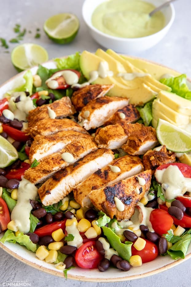 Healthy Southwestern Chicken salad with drizzled with avocado Ranch Dressing 