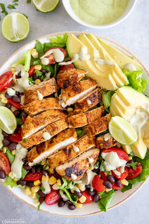 Southwestern Chicken Salad served on a platter with avocado ranch dressing