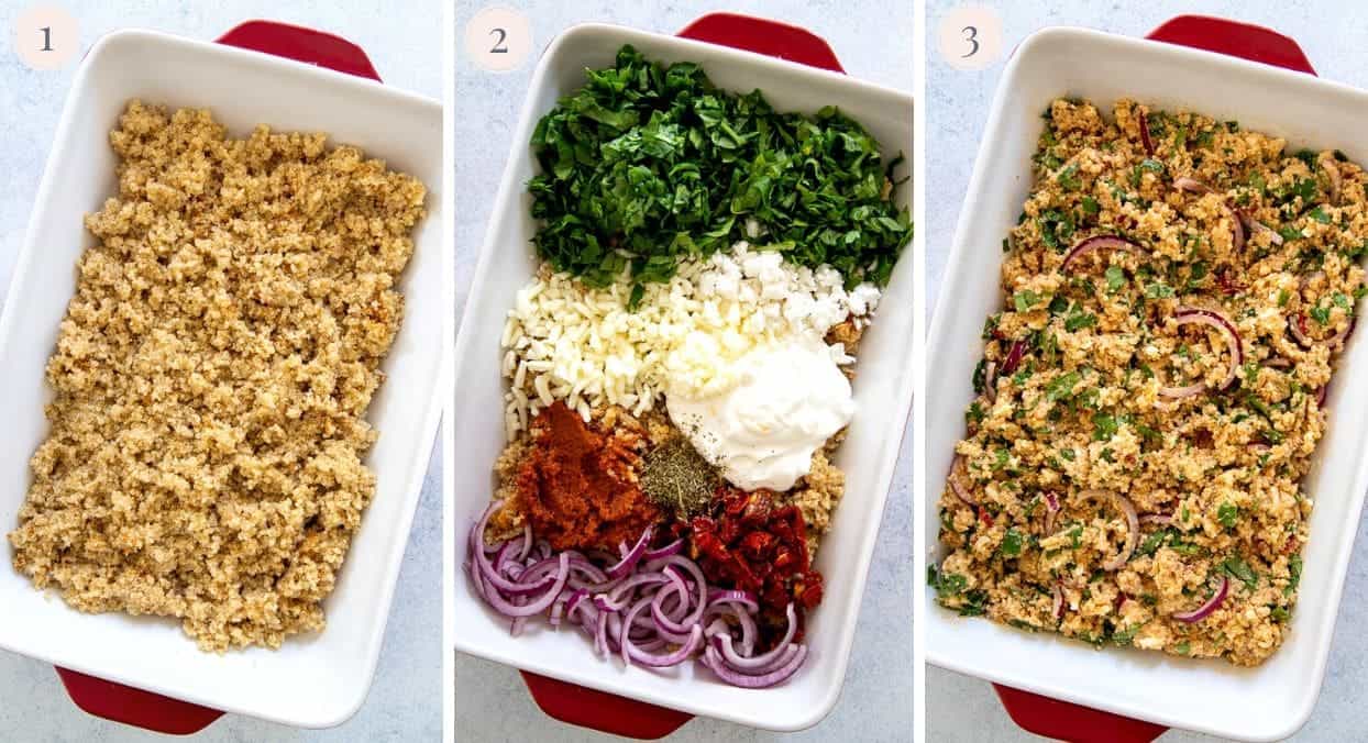picture collage demonstrating how to mix cooked quinoa with veggies and cheese to make quinoa casserole