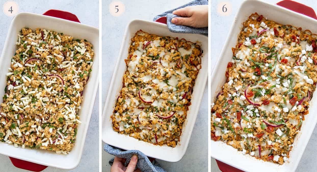 a picture collage demonstrating how to assemble and bake a Mediterranean quinoa casserole 