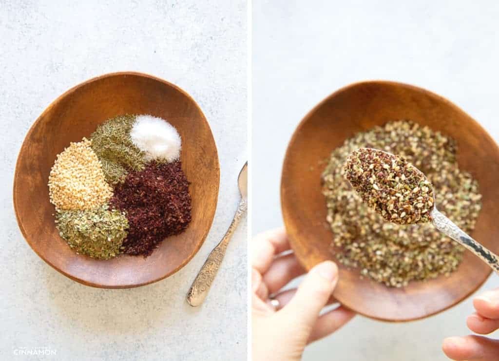 picture collage demonstrating how to make zaatar spice blend