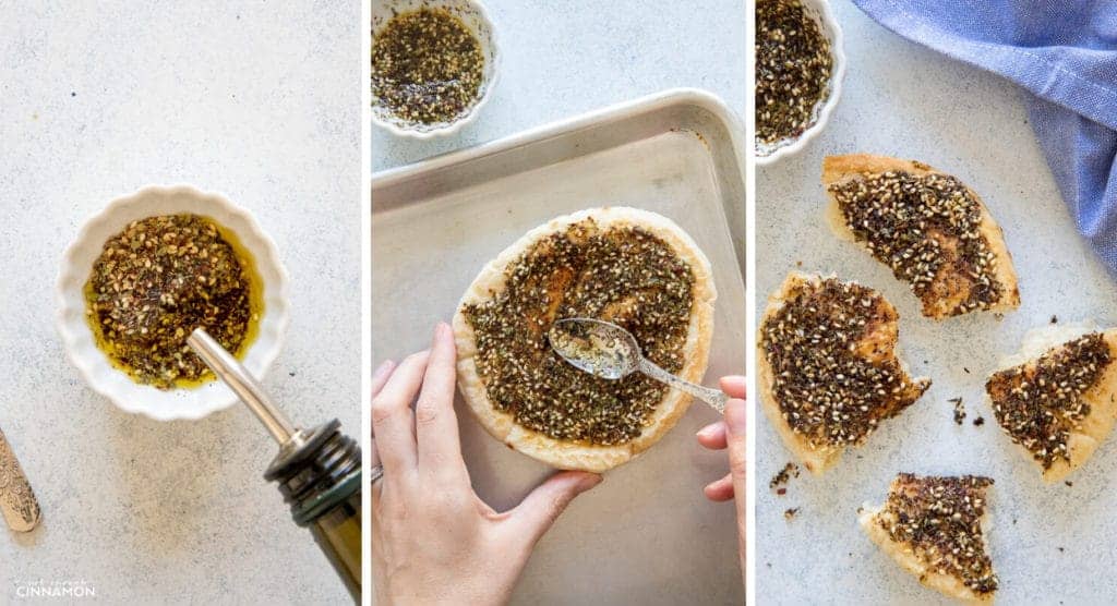 overhead shot of zaatar spice blend being mixed with olive oil and spread over pita bread to make zaatar pita pizza