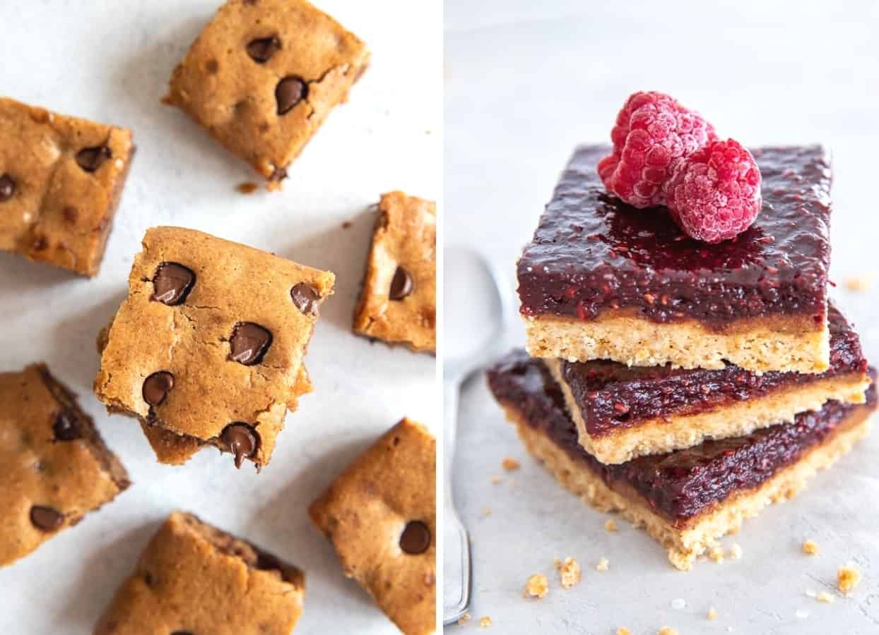 picture collage of almond butter blondies and bars 