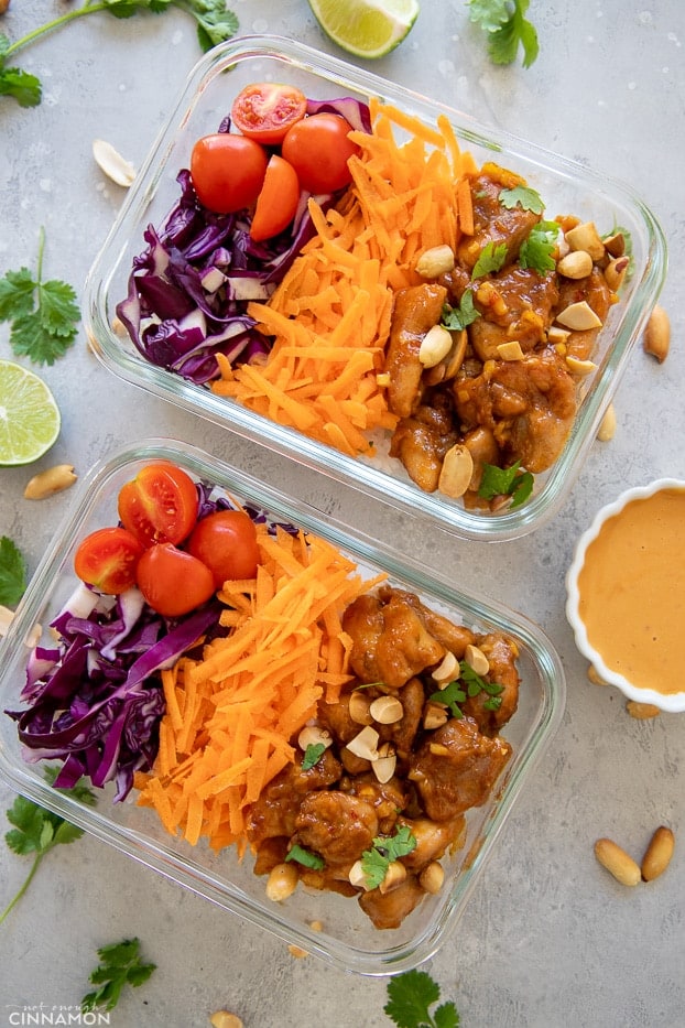 meal prep containers with Thai peanut butter chicken 