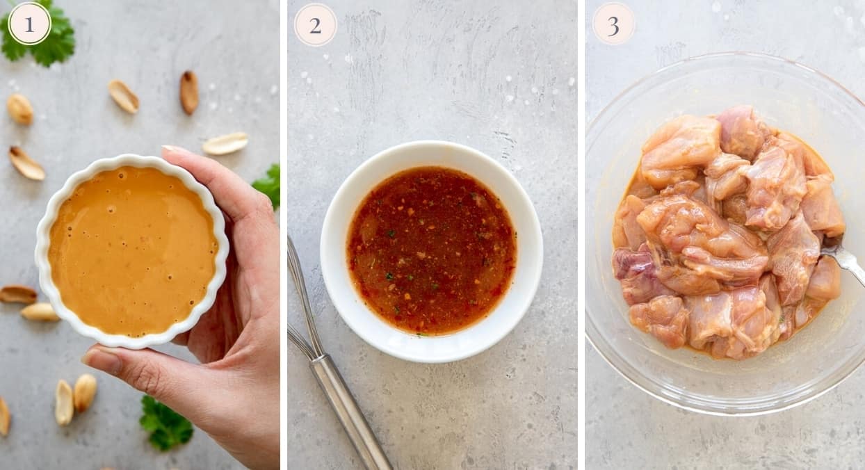 a picture collage showing how to make peanut sauce and stir-fry sauce for chicken 